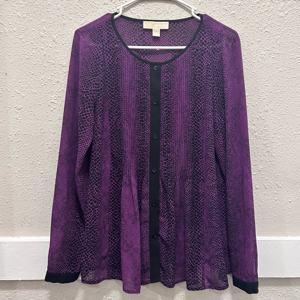 MICHAEL Michael Kors Purple and Black Pleated Front Button Down Blouse Size 6